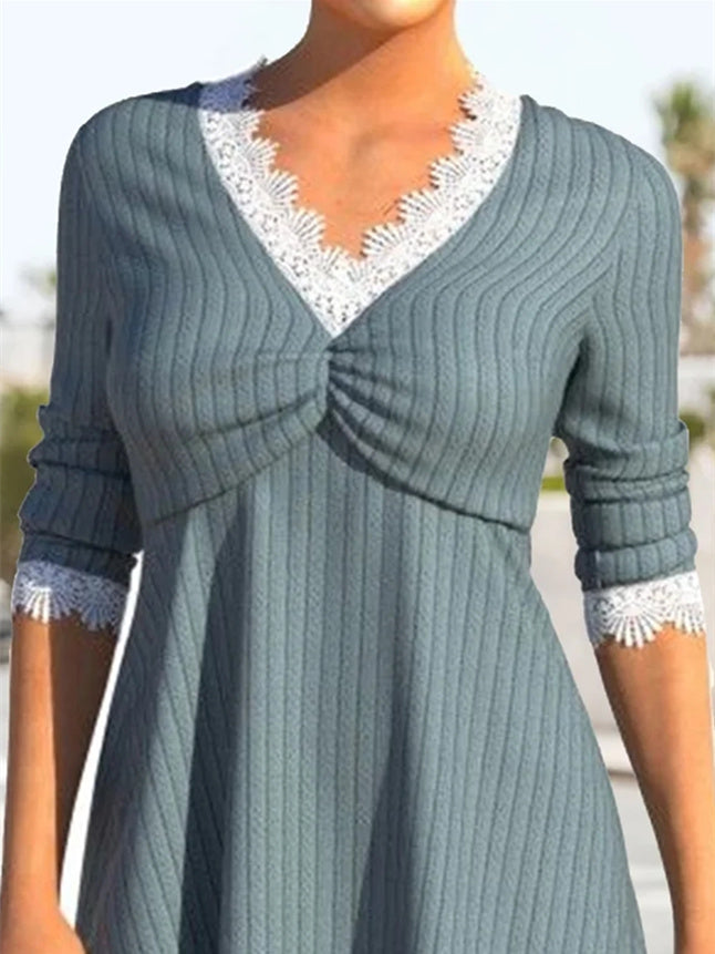 Women Half Sleeve V-neck Solid Color Dress