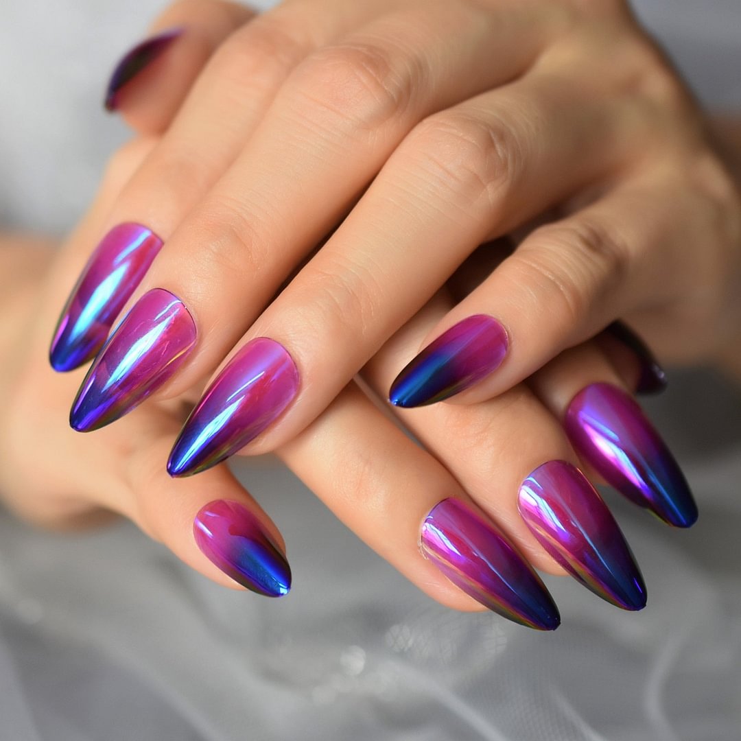24pcs Purple Blue Metallic Mirror Almond Shape Press On Nails Medium Length Fake Nails Ombre Gradient Acrylic False Nail Tips