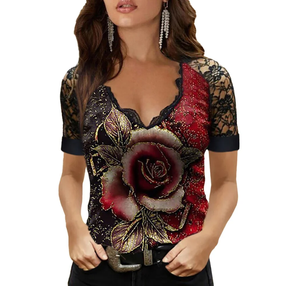 Women Rose Print T-Shirt Lace V-Neck Short Sleeve Pullover  Ladies t Shirt Party Summer Tops  Casual Top Female Tees D30