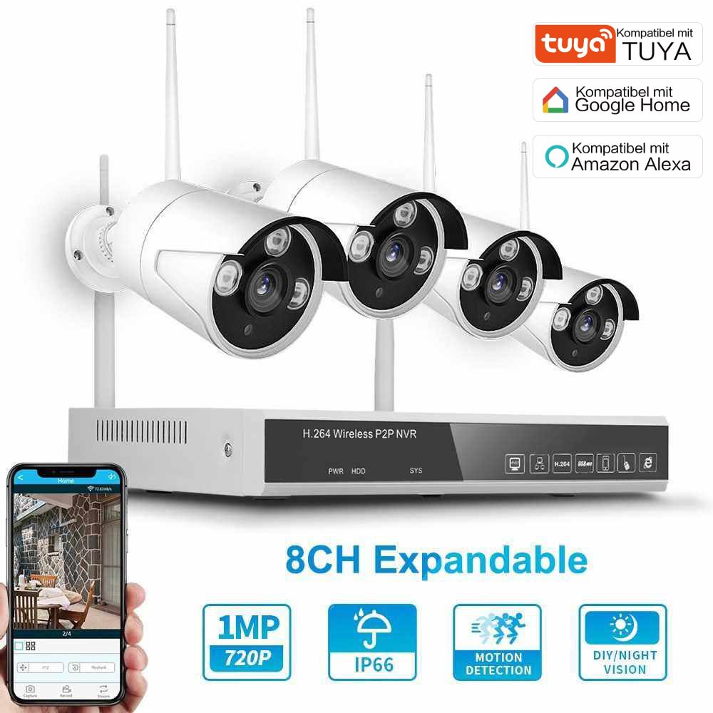 HD NVR KIT WLAN Überwachungskamera Outdoor Set Personenerkennung 8CH Videoüberwachung mit 4 x 2MP Wireless WiFi Kamera Outdoor 1080P Wireless Überwachungssystem und 1TB HDD NVR, IR Nachtsicht, IP66 Wetterfest K8204W Deutsche Aktionsprodukte Full Strike Gmbh