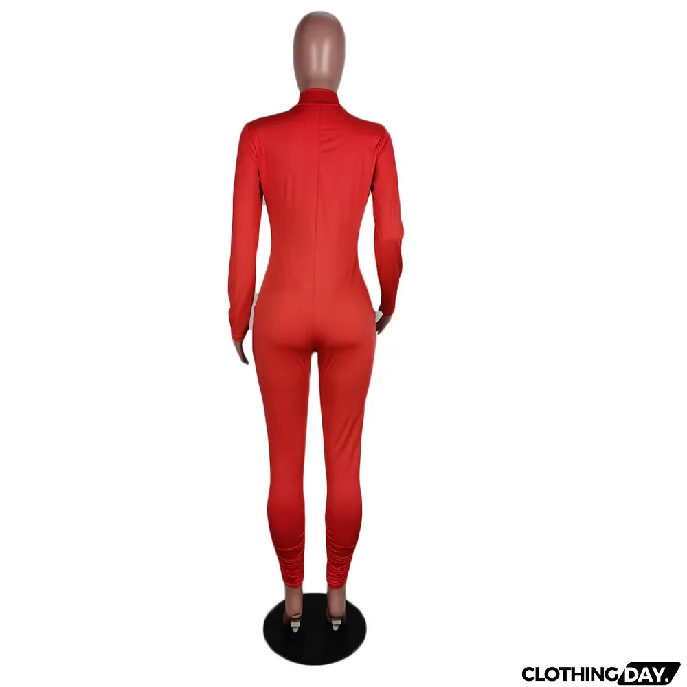 Autumn Sexy Zippers Slit Long Sleeve Bodycon Jumpsuit