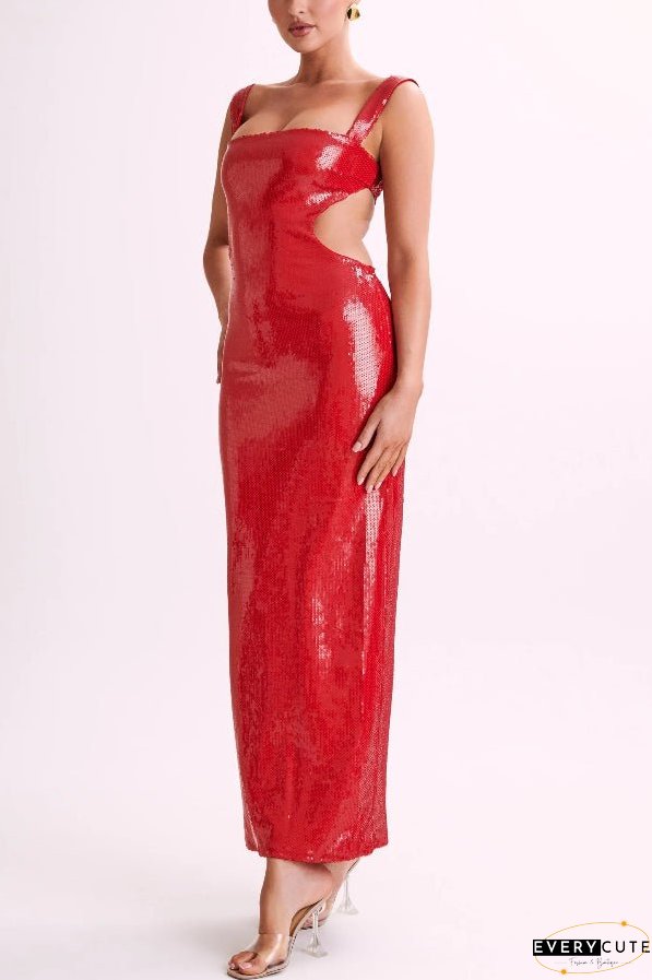 Slim Fit Square Neck Halter Backless Maxi Dress