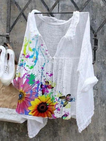 Floral Long Sleeve Boho Cotton Shirts & Tops