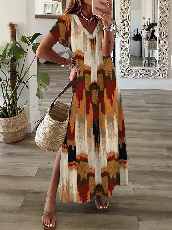Abstract V Neck Short sleeve Dresses