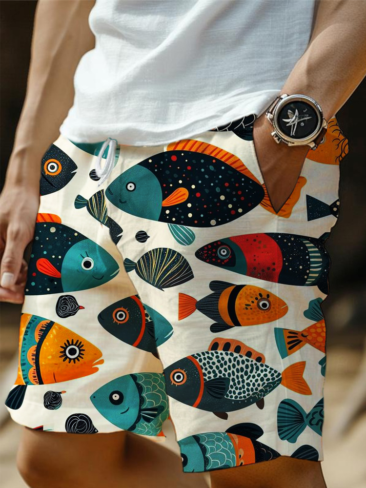 Colorful Fish Print Art Print Linen Men's Shorts wearshes