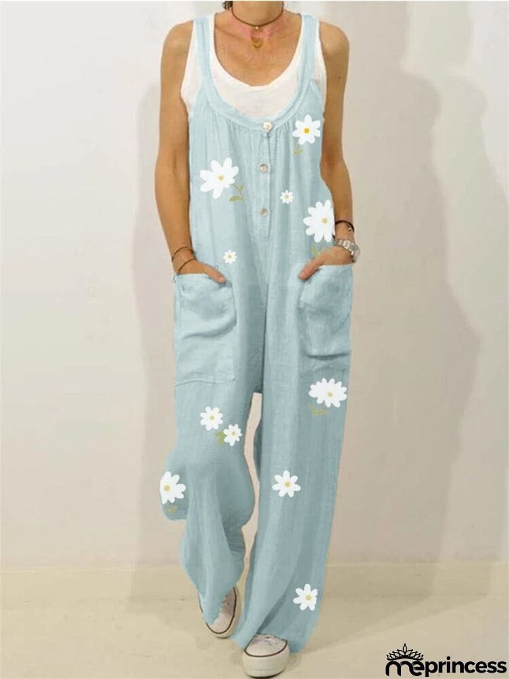 Laid-Back Scoop Neck Front Patch Pocket Daisy Print Straight-Leg Jumpsuit