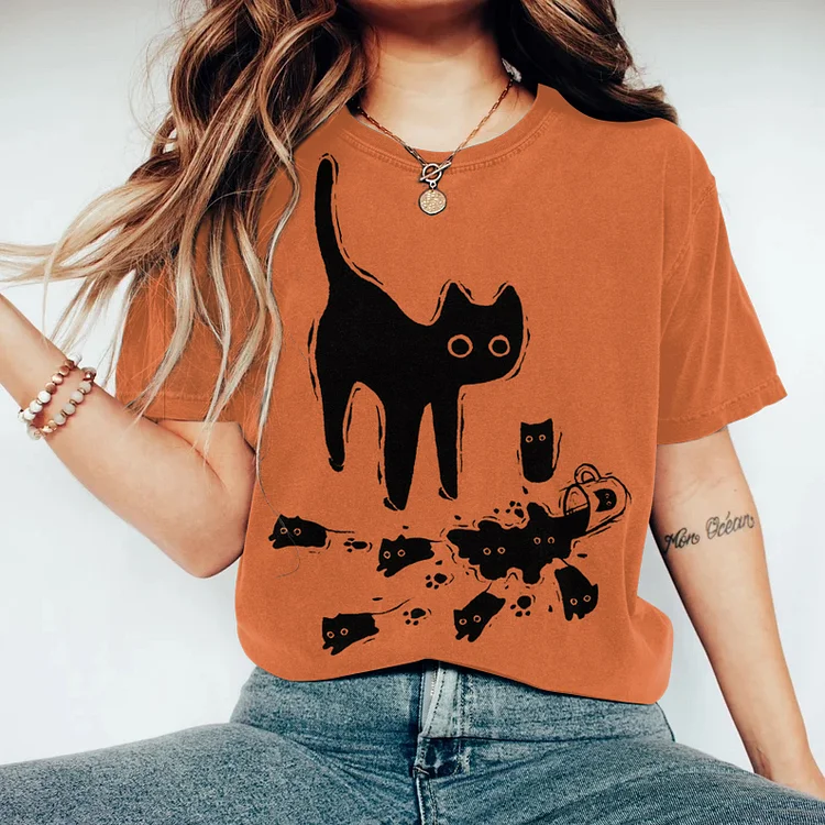 Simpfit Damen T-Shirt mit abstraktem, kreativem, süßem, schwarzem Katzen-Kunstdruck