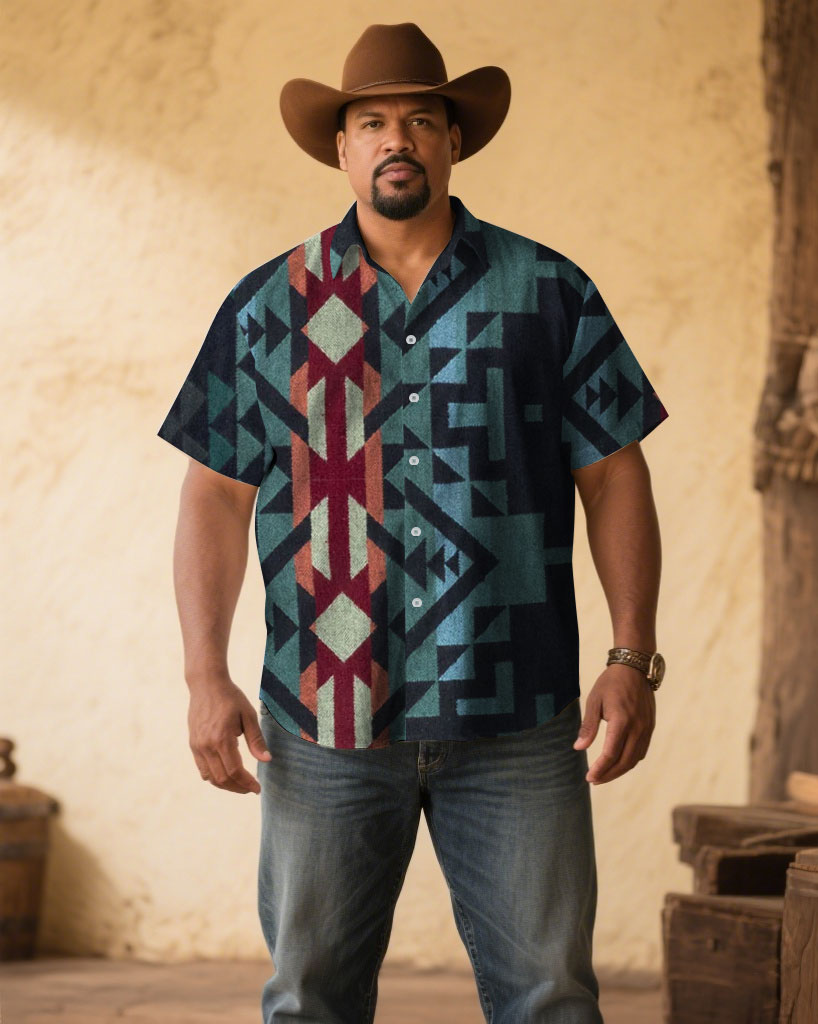 Men's Plus Size Retro Western Denim Classic Color Print Short Sleeve Shirt