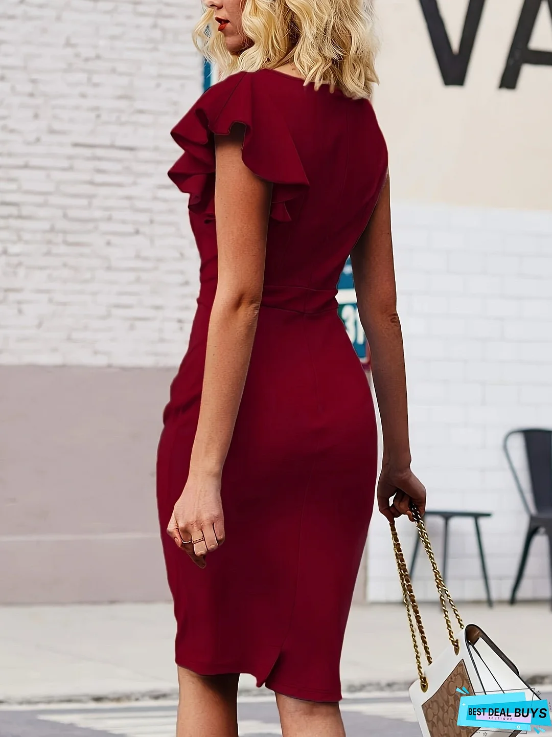 Solid Ruffle Trim Bodycon Dress, Flutter Sleeve Boat Neck Elegant Dress, Women's Clothing