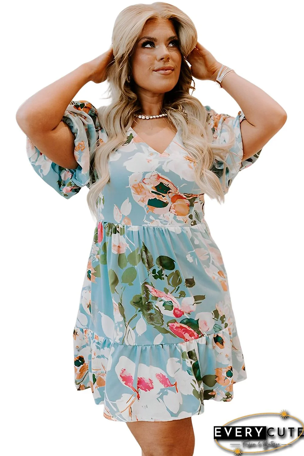 Sky Blue Floral Print Ruffled Puff Sleeve Plus Size Mini Dress