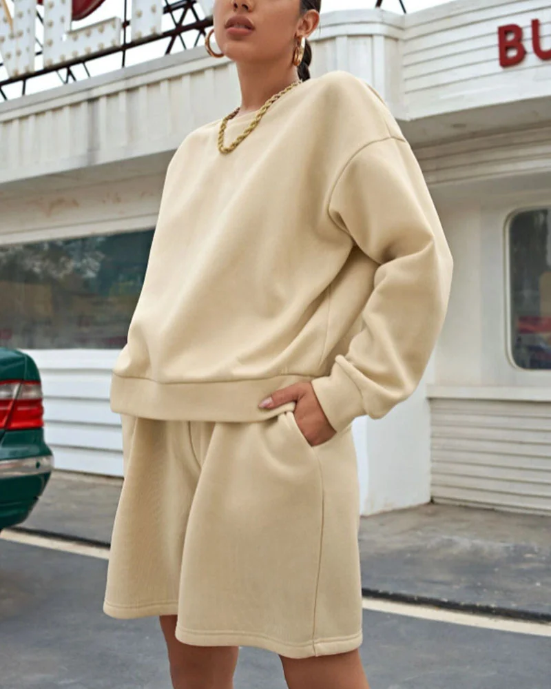 Casual solid color long-sleeved hooded two-piece suit