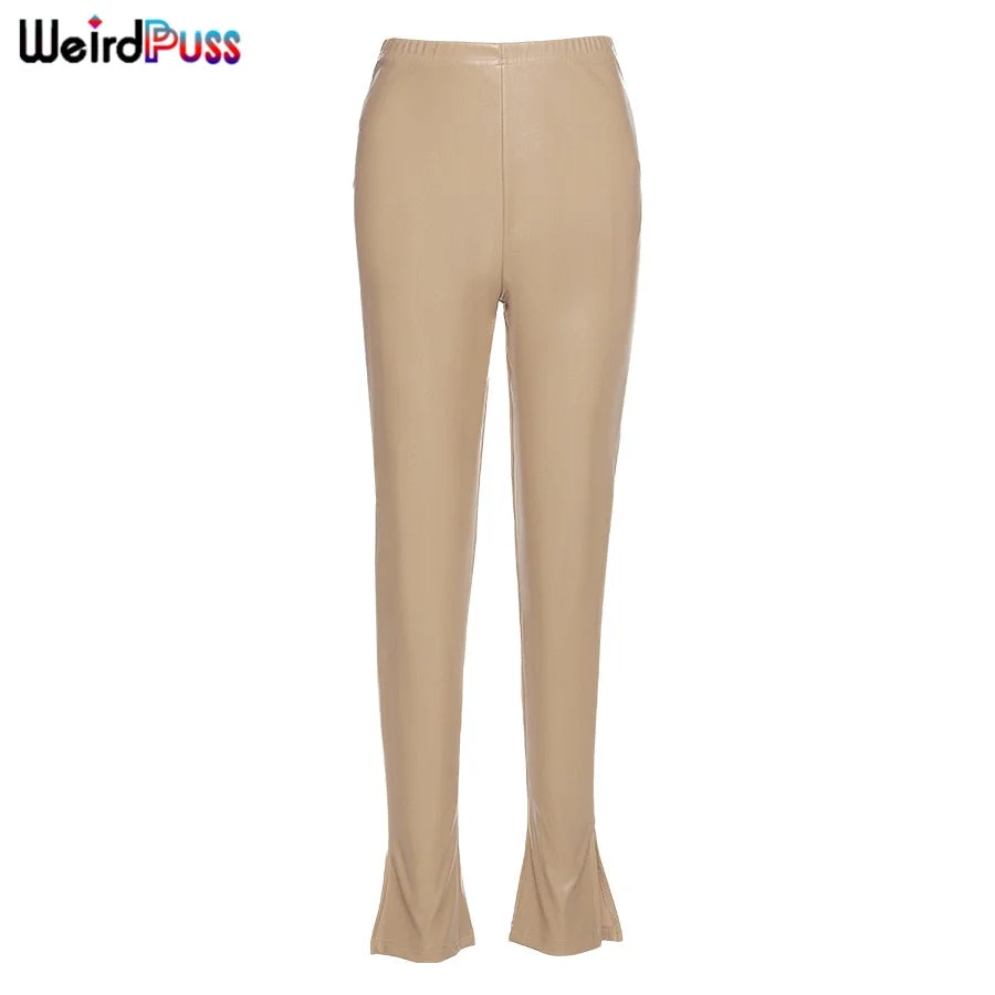 OrangeA 2021 Summer Faux PU Leather Women Pencil Pants Elegance Skinny Side Split High Waist Hot Street Fashion Solid Trousers