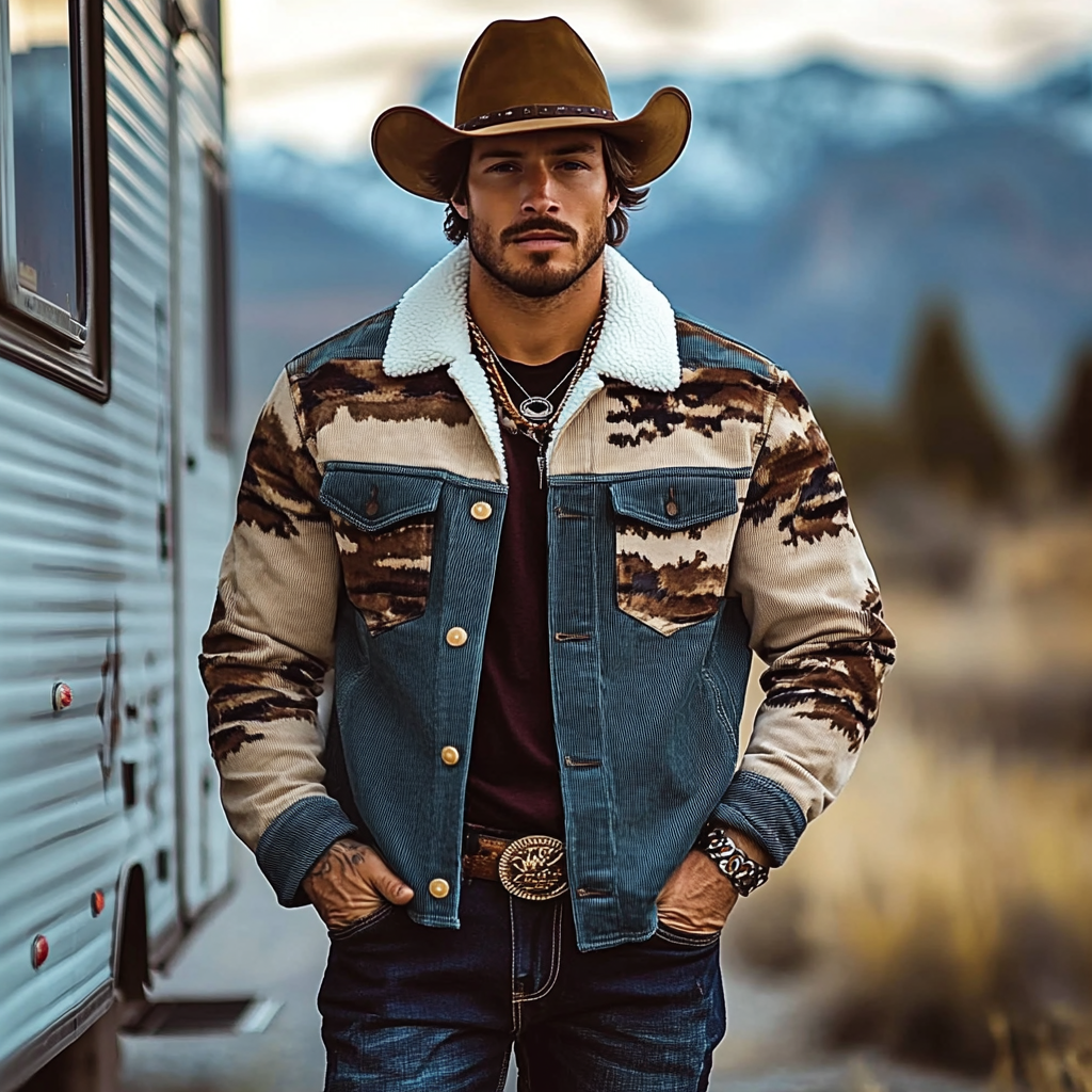Men's Vintage Western Cowboy Printed Sherpa Jacket-inspireuse