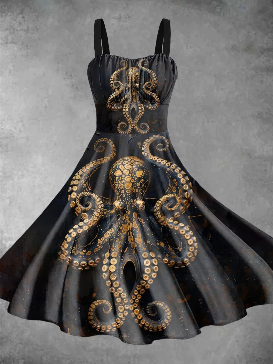 Vintage Octopus Print Backless Dress