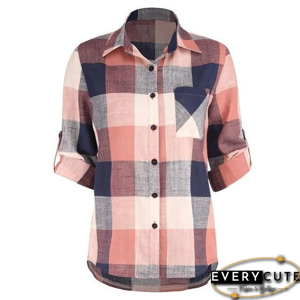 Fashion women Casual Matching Color Long Sleeve Button Loose Plaid Shirt Top Blouse