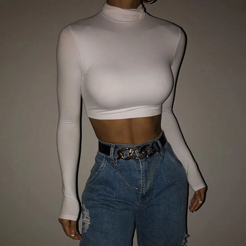 crop top For Women Long-Sleeved T-Shirt Slim Neck High Street Outing y2k Female clothing gothic harajuku ropa mujer Base black
