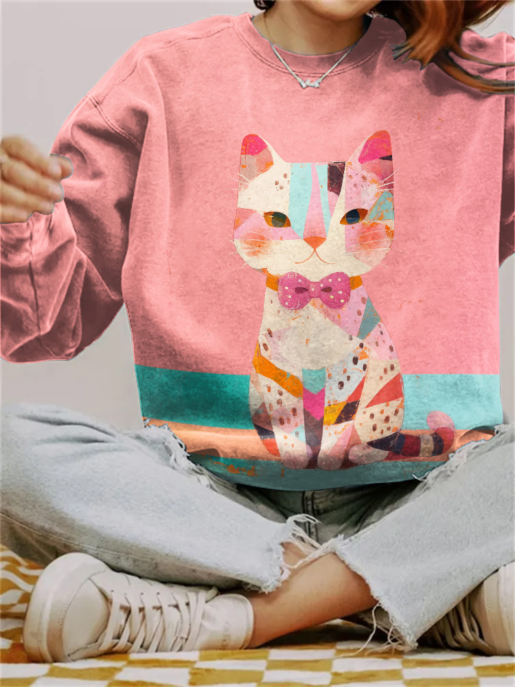 Comstylish Abstract Creative Pink Cool Cat Painting Art Print Sweatshirt