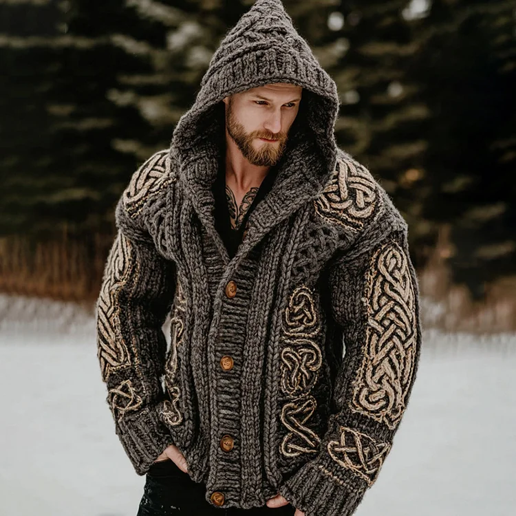Men's Viking Celtic Pattern Art Knitted Hooded Sweater
