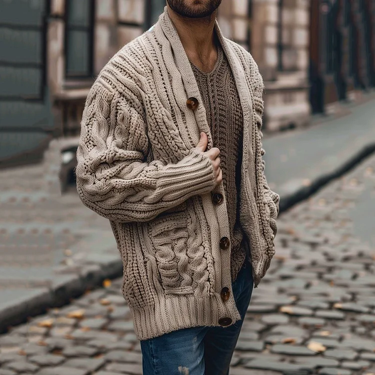 Utbros Men's Vintage Hand-knitted Jacquard Cardigan Sweater