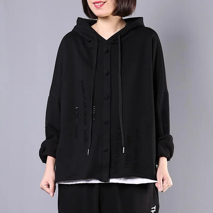 diy hooded Hole cotton spring clothes For Women Fabrics black tops