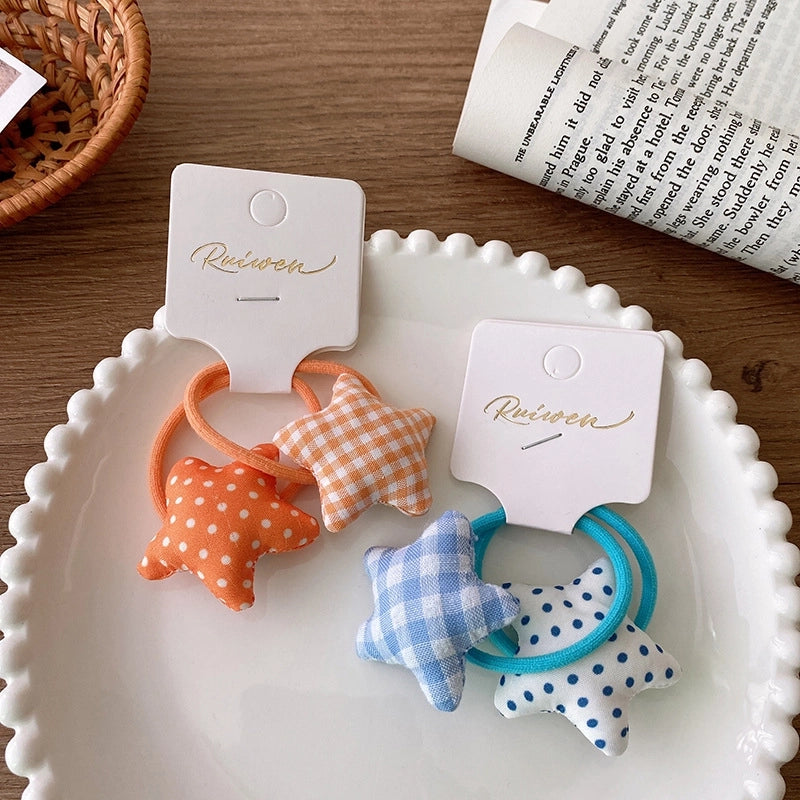 2 Korean Style Sweet Fabric Cotton Filled Colorful Five-Pointed Star Plaid Polka Dot Hair Ring Children Girl Hair Accessory For Ponytail