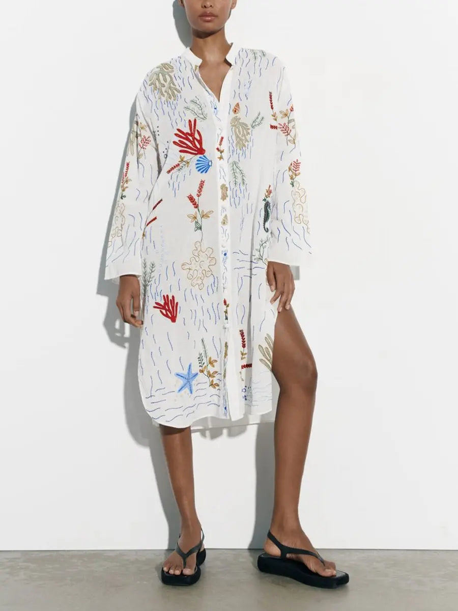 V Neck Long Sleeve Embroidery Midi Dress