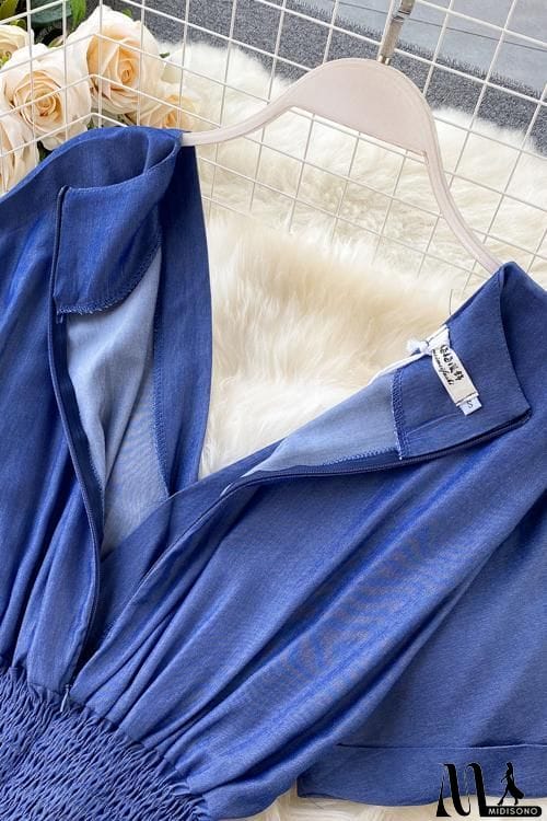 MidiSono - Elastic Waist  V Neck Denim Jumpusits