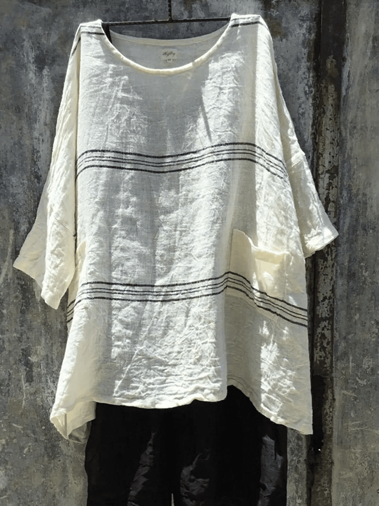 3/4-waist striped printed cotton-blend top