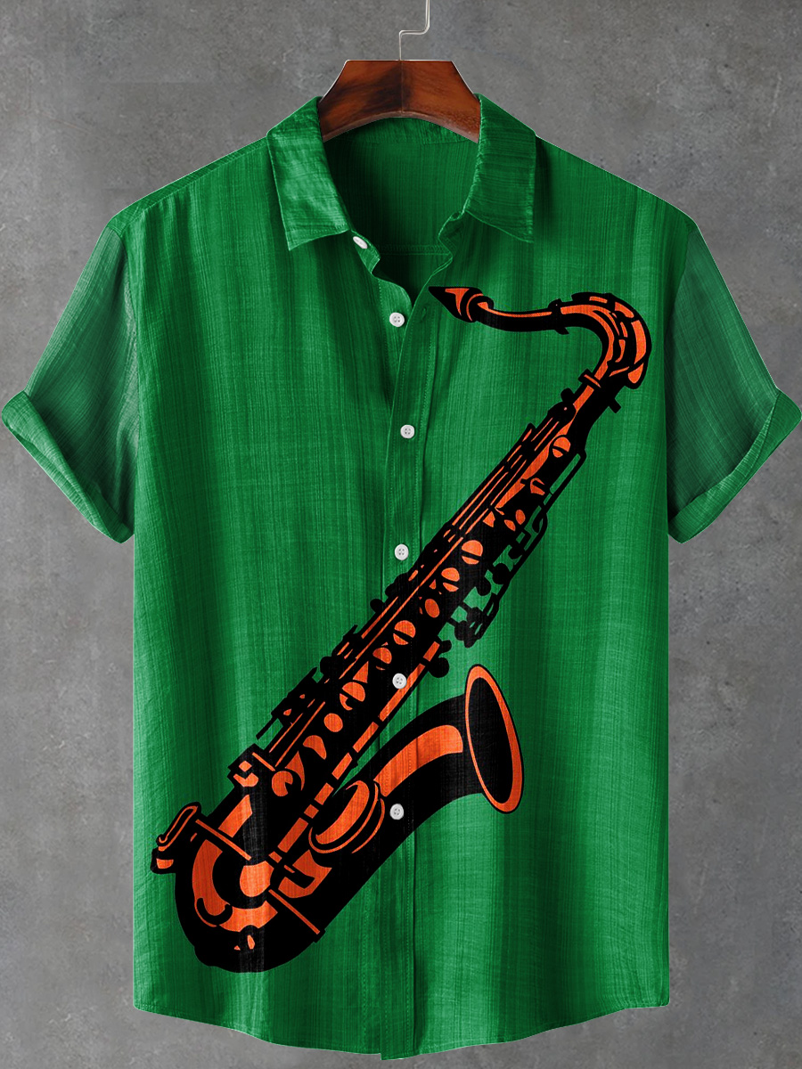 Saxophone Cartoon Art Print Casual 100% Cotton Shirt