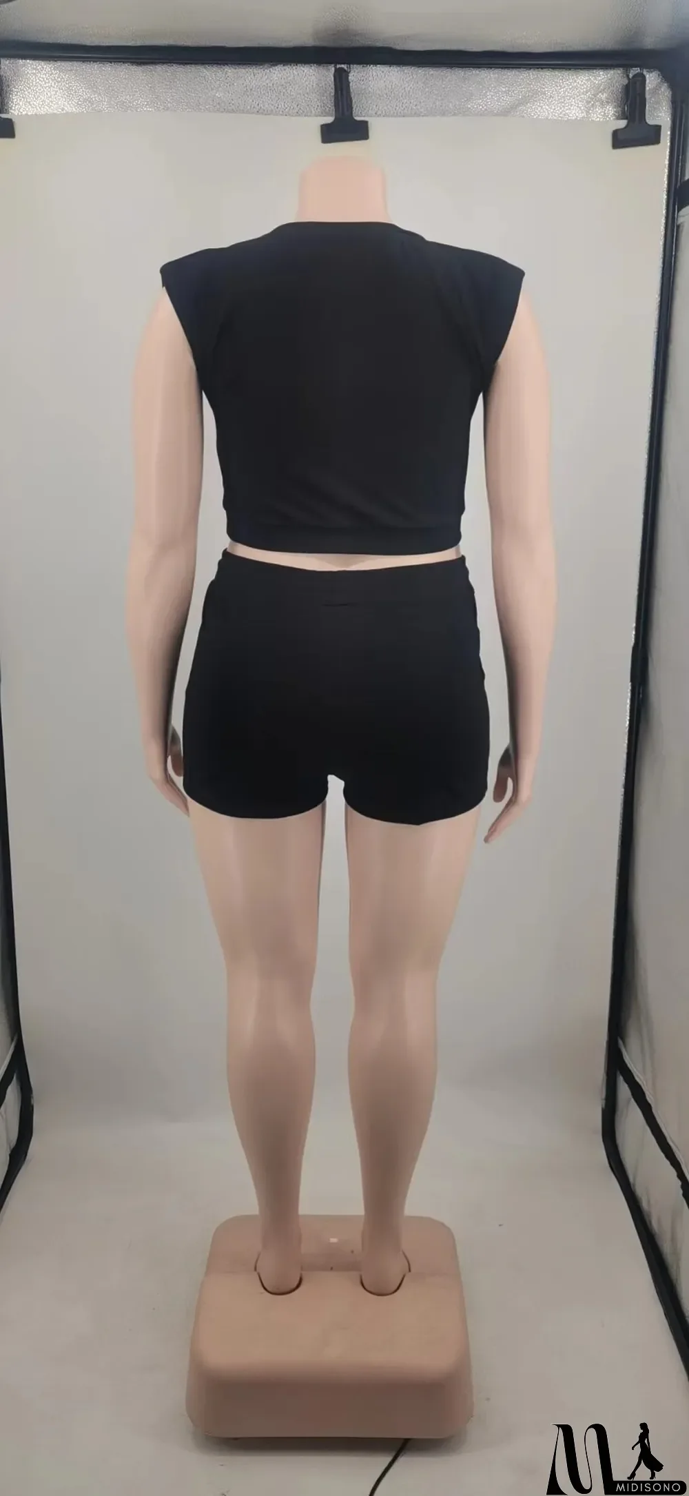 MidiSono - Plus Size Ladies Solid Letter Printed Shoulder Pads Top and Shorts Two Piece Set