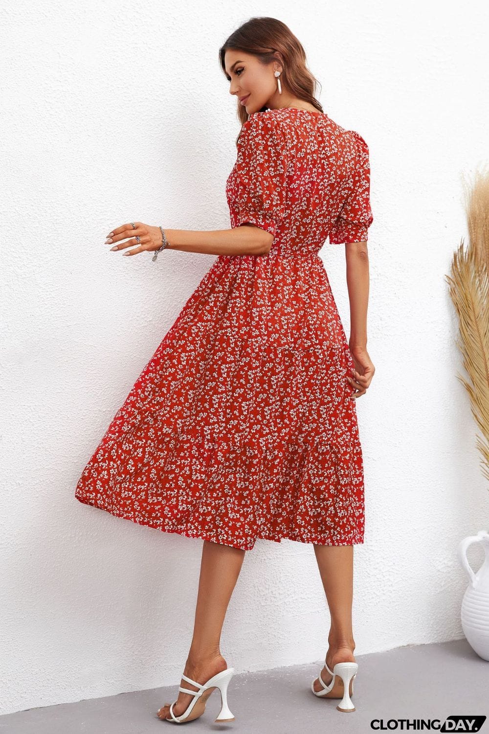 Floral Tie Waist Collared Neck Tiered Dress