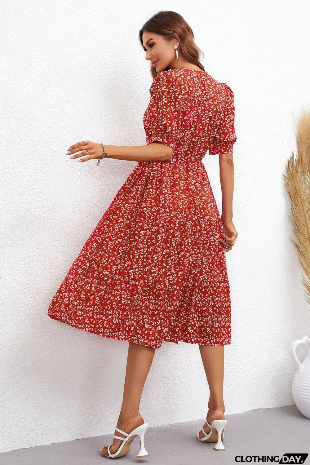 Floral Tie Waist Collared Neck Tiered Dress