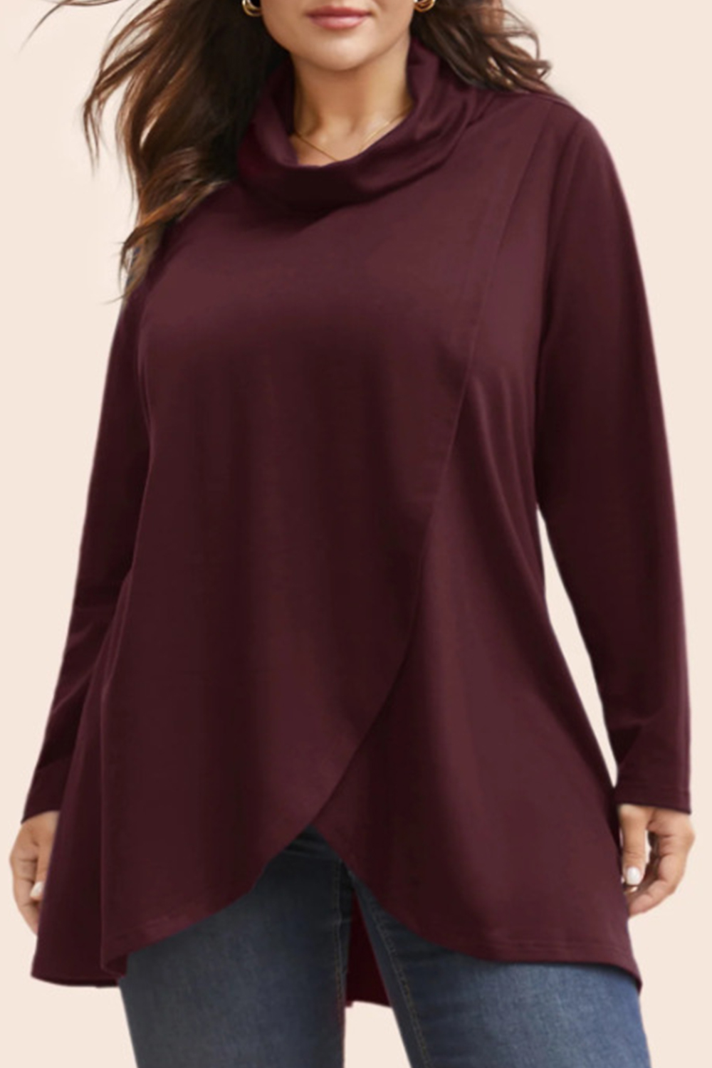 Plus Size Everyday Burgundy Cowl Neck Long Sleeve Crossover Hem Blouse