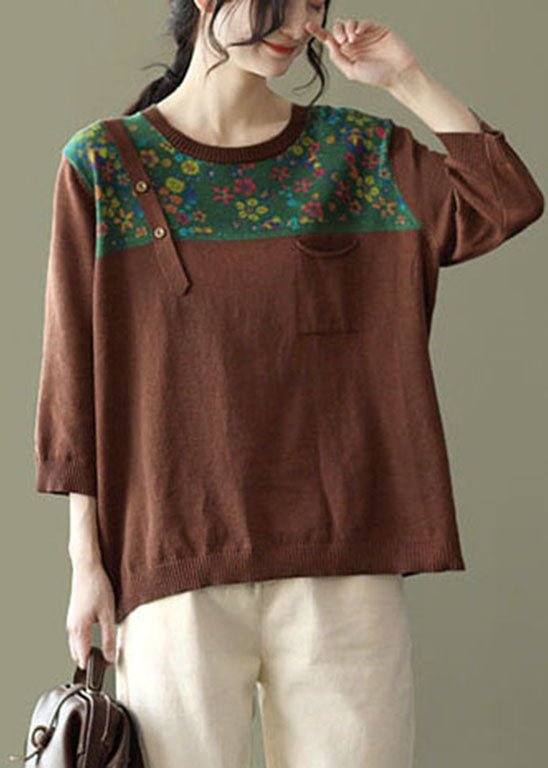 Loose Coffee O-Neck Button Patchwork Print Knit tops Long Sleeve CK2373- Fabulory