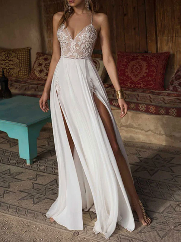 Daisda Spaghetti-Straps Mermaid White Split Wedding Dress With Lace Applique