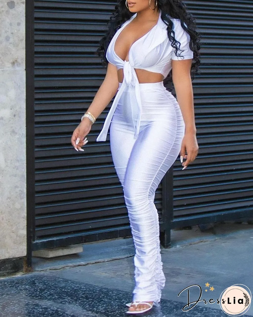 Plain V Neck Shorts Sleeve Top & Pants Set