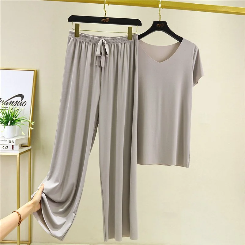 Soft Comfortable Ice Silk Short Sleeve T-Shirt Two Piece Set Loose Wide ...