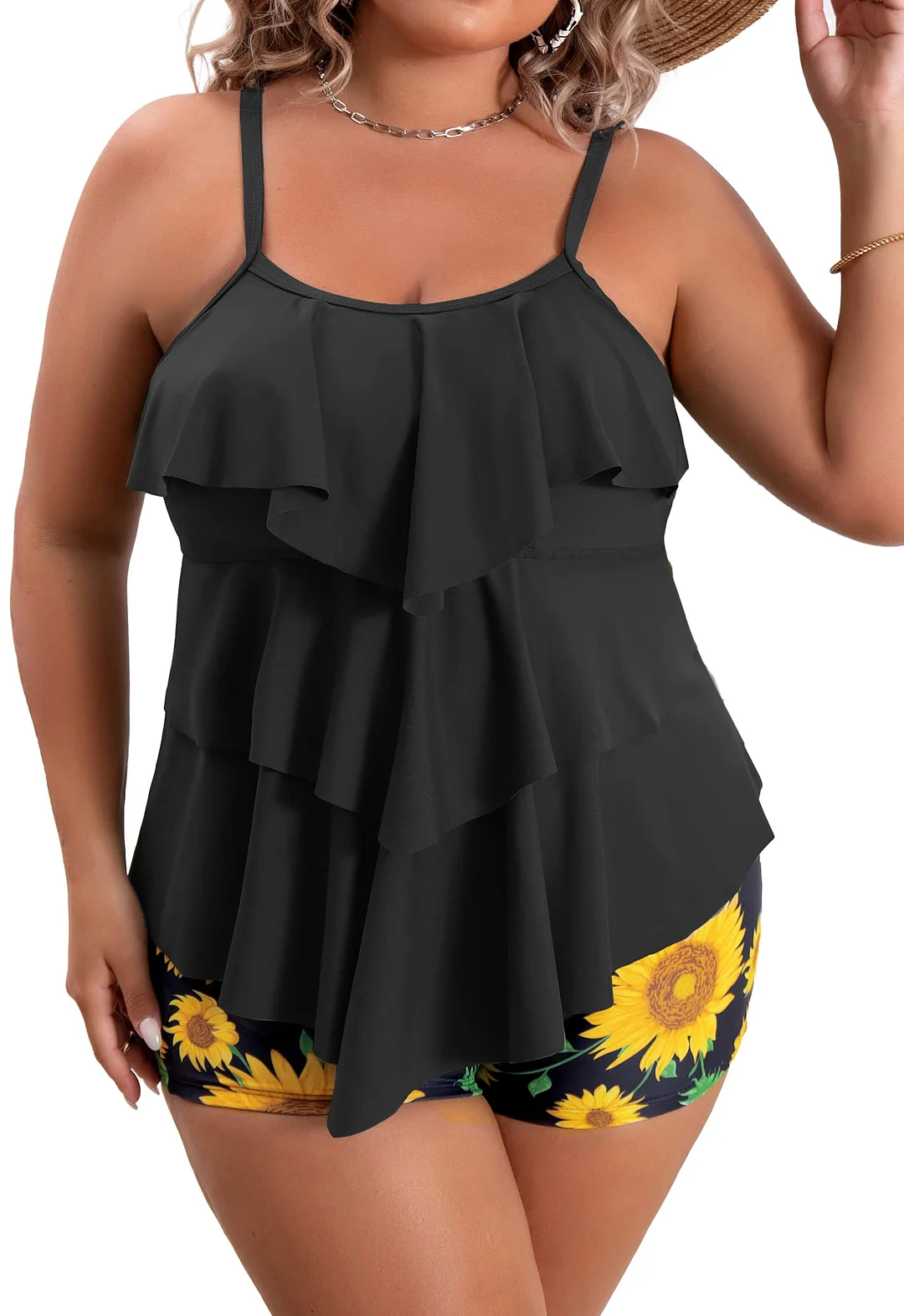 Plus Size Ruffled Flounce Tummy Control Tankini Swimsuits