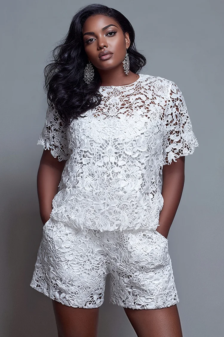 Xpluswear Design Plus Size Daily White Round Neck Short Sleeve Pocket Lace Two Piece Short Sets [Pre-Order] 2024 - Xpluswear