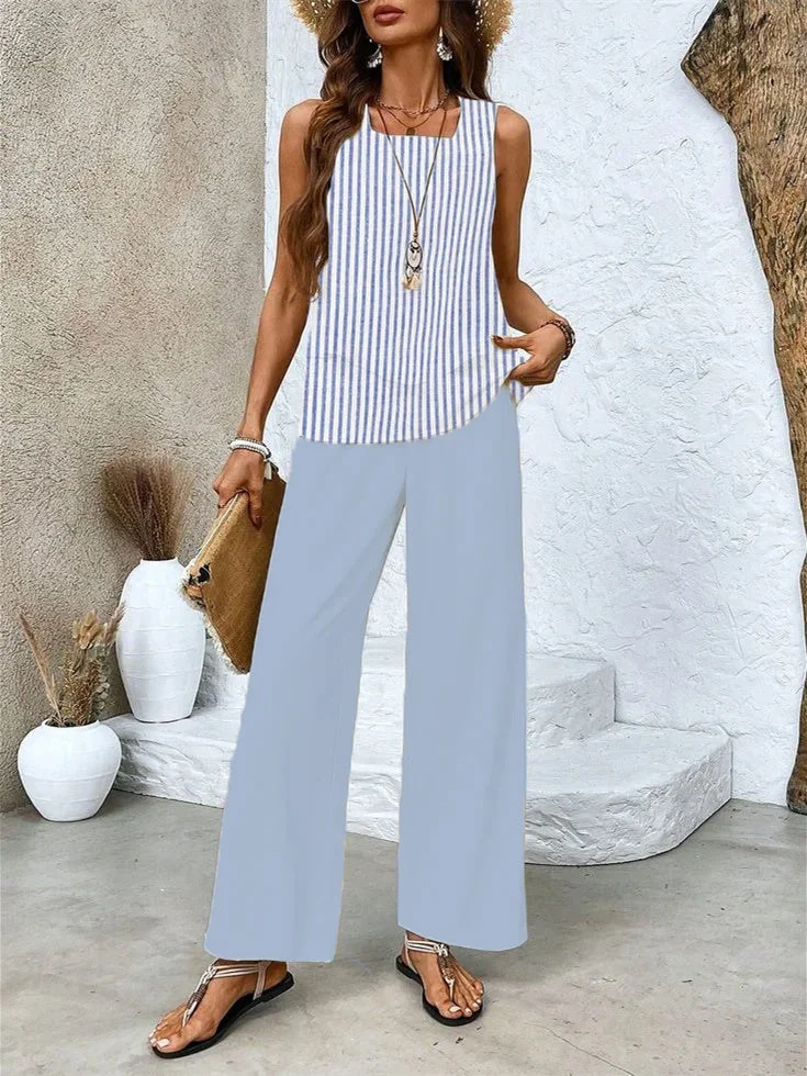Women's Sleeveless Square Collar Striped Graphic Printed Casual Set
