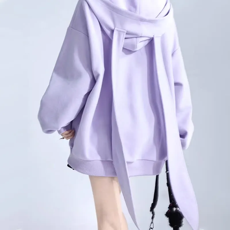 Long Bunny Ears Pocket Oversize Zipper Hooded Sweatshirt