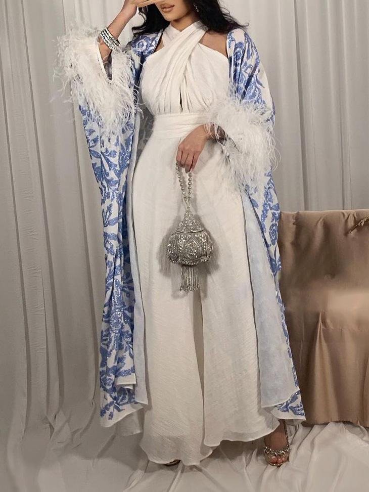 Solid Color Camisole Jumpsuit and Floral Pattern with Tassel Tunic Set
