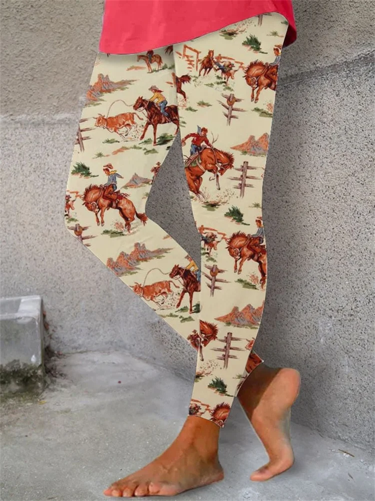 Vintage Western Cowboy Print Stretch Legging