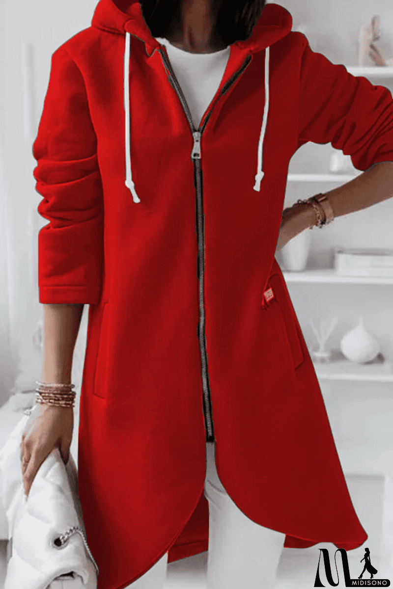 MidiSono - Casual Solid Draw String Zipper Hooded Collar Outerwear(8 Colors)