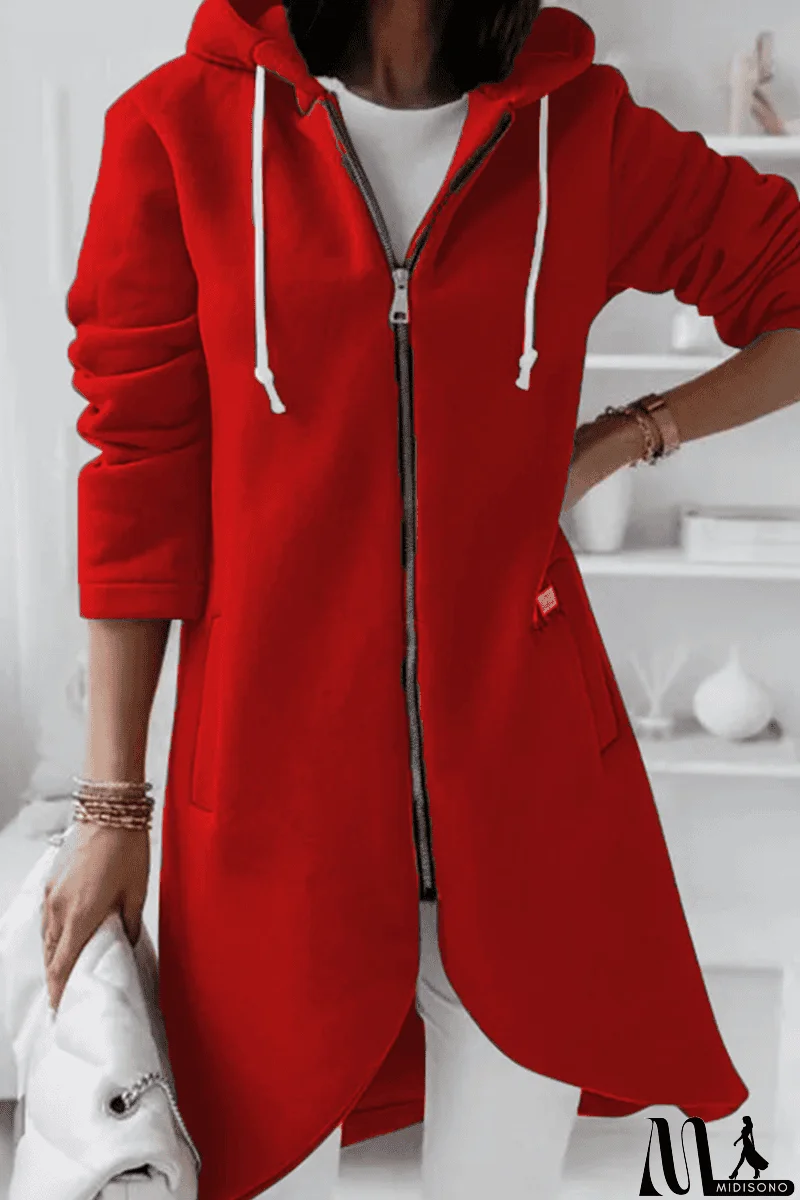 MidiSono - Casual Solid Draw String Zipper Hooded Collar Outerwear(8 Colors)