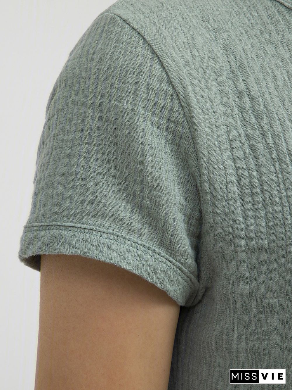 Women Casual Linen Cotton Plain Short Sleeve Blouses