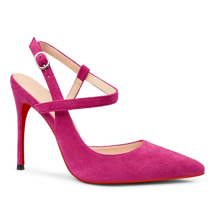 100mm Women Slingback Suede Pumps Ankle Strap Jenlove Stiletto Mid Heel Close Pointed Toe Dress Red Bottoms Shoes