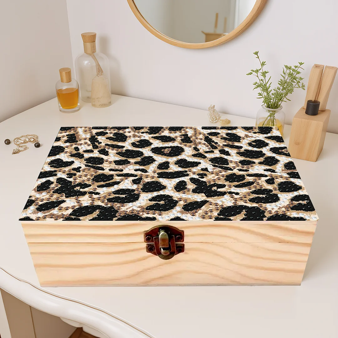 5D DIY Diamond Painting Handmade Wood Storage Box for Home Decor (Leopard Print)