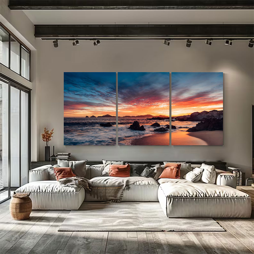 3-Piece Set Red Sky Rocky Shoreline Sunset Canvas Art