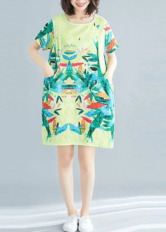 Beautiful Yellow Retro Print Summer Robe Dresses Short Sleeve